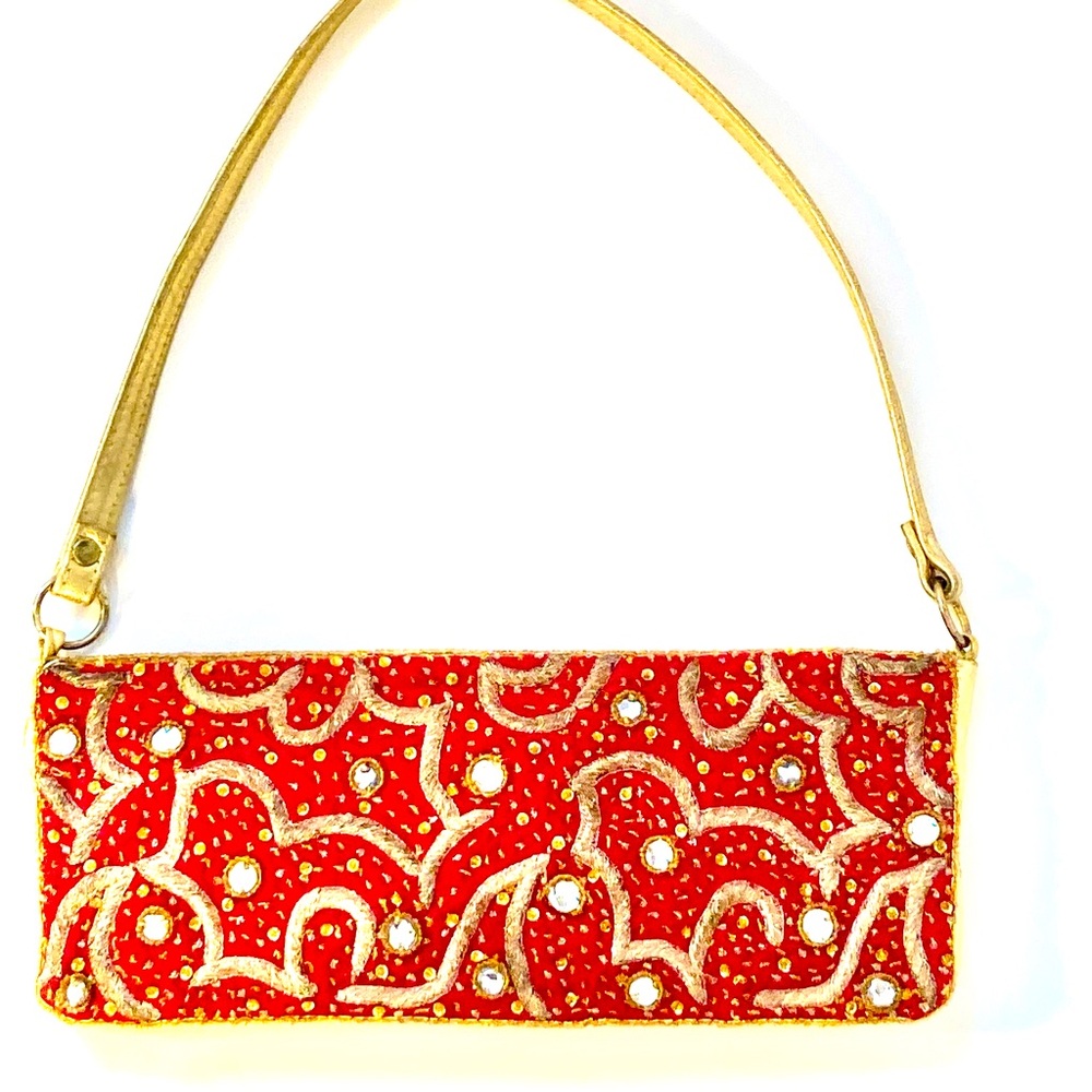 Spring Sale Jeweled & embroidered silk Cristiana clutch red & gold made in India